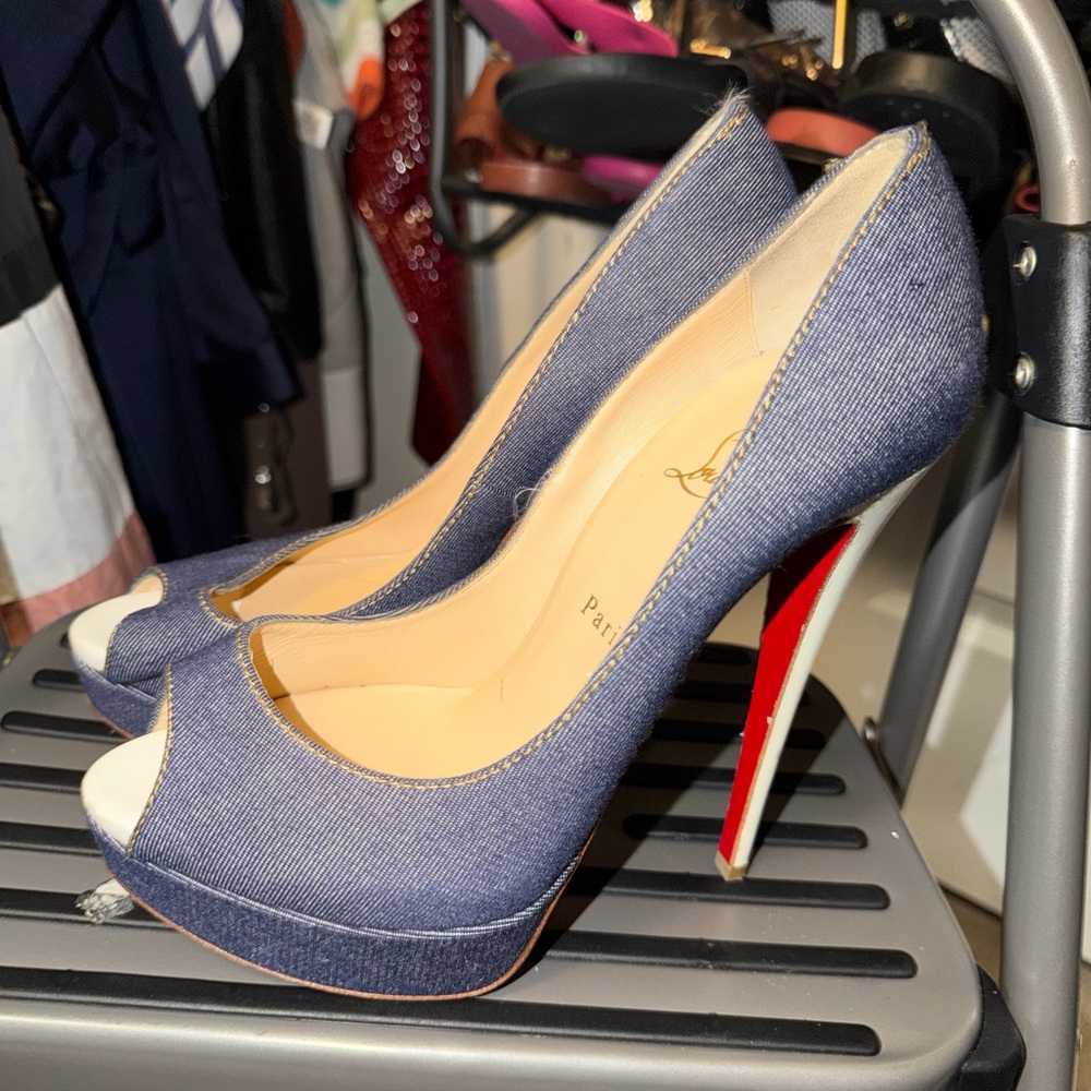 Christian Louboutin Denim Peep-Toe Heels